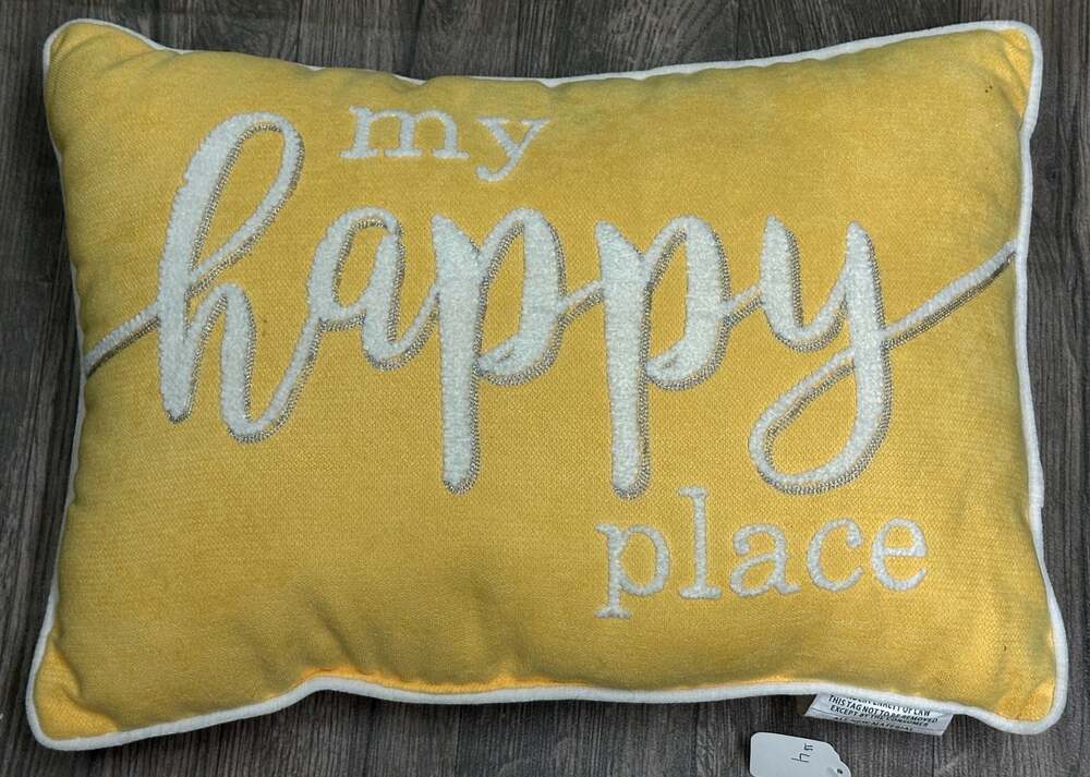 Yellow My Happy Place Embroidered Decorative Throw Pillow